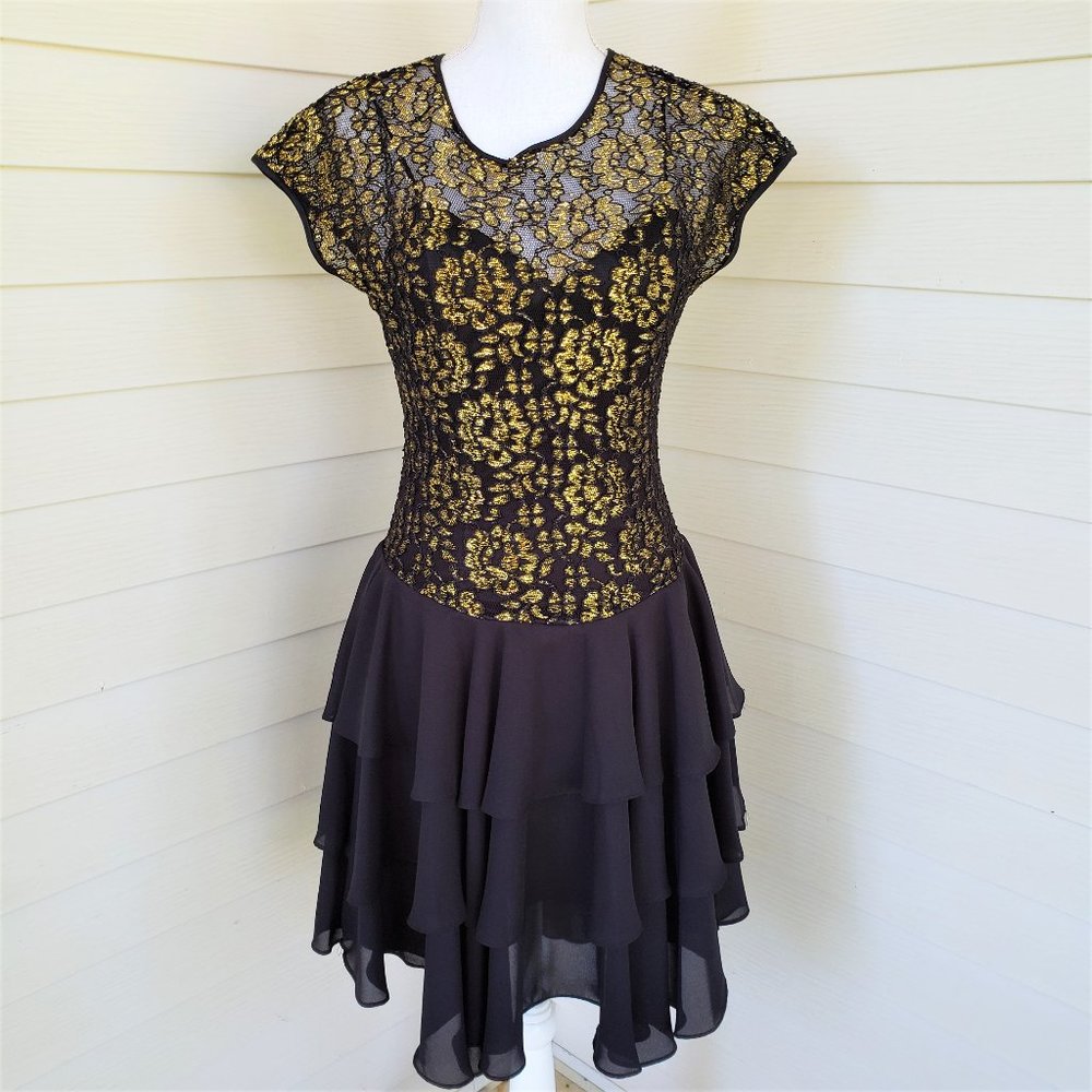 Vintatge 80s Union Made shimmery gold and black dress with drop waist
